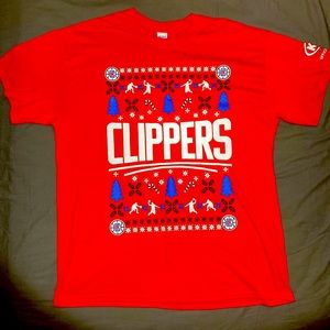 NBA Clippers Christmas red t-shirt with
KIA official car brand on sleeve.